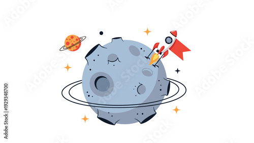 Fun cartoon illustration of outer space featuring a moon with craters, a small rocket with a red flag, a distant planet, and bright stars.