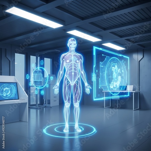 Futuristic medical laboratory displays holographic projection of human musculoskeletal system