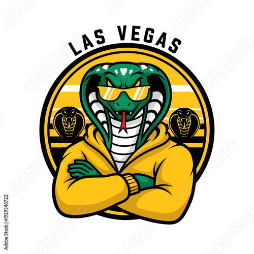 A cartoon snake wearing sunglasses and a hoodie stands confidently in front of a Las Vegas emblem graphic illustration
