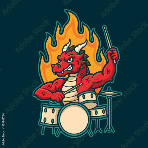 A cartoon dragon playing drums with enthusiasm and energy surrounded by flames from a dark background