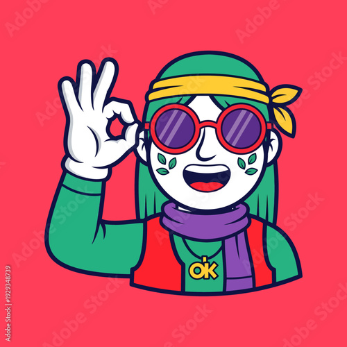 A cartoon woman with green hair and purple scarf giving an okay gesture with her hand and smiling cheerfully in a vibrant scene.
