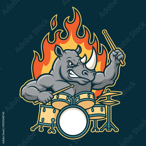 A cartoon rhinoceros enthusiastically plays drums surrounded by flames from a top view