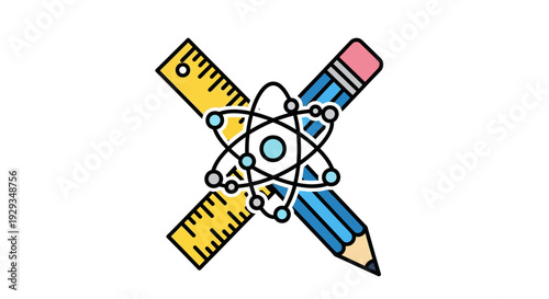 Science Education Icon: Ruler, Pencil, and Atom Symbol