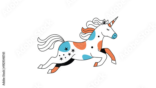 Magical jumping unicorn illustration with a white body decorated with blue and orange spots and stars along with a flowing mane and tail.