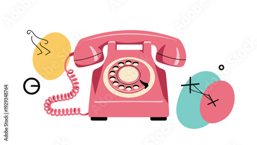 Retro pink rotary dial telephone illustration with a coiled cord surrounded by abstract colorful geometric shapes on a white background.