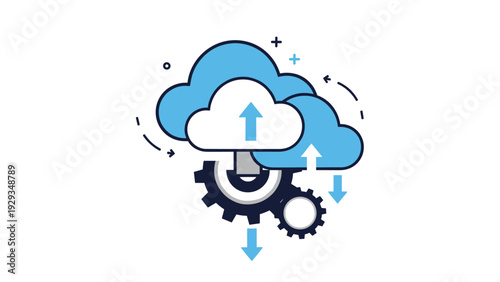 Conceptual illustration of cloud computing technology featuring blue and white clouds, rotating gears, and arrows for data transfer.