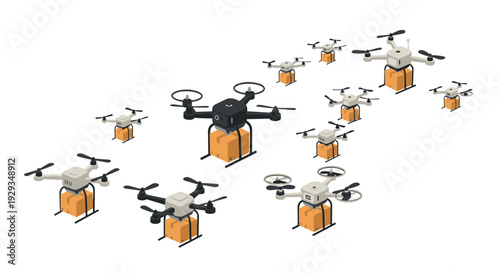 flying delivery drones carrying packages isometric vector illustration set modern technology and logistics concept