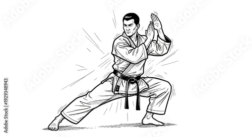 Karate fighter in a defensive stance, black belt, martial arts training, illustration