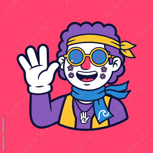 A cartoon character with purple hair and yellow headband waving hand on pink background