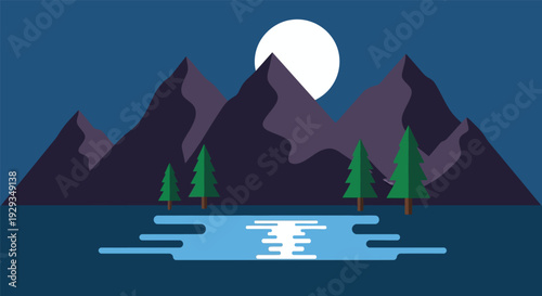 Mountain landscape with trees and lake in serene nighttime scene with soft moonlight on calm water for travel brochure