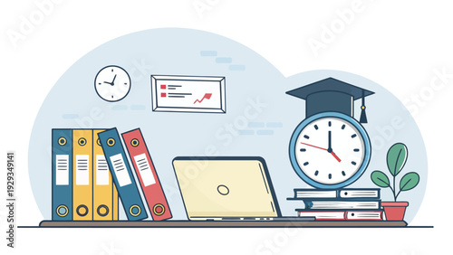 Academic productivity theme with clock binders laptop and graduation cap on a desk with books and plant symbolizing education and time management