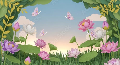 Papercraft style illustration depicts a serene pond scene filled with blooming water lilies and fluttering butterflies.