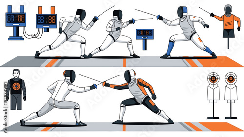 fencing sport competition set of hand drawn vector illustrations with athletes electronic scoreboards and training dummies