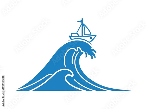 A small sailboat bravely navigates a large, powerful ocean wave.