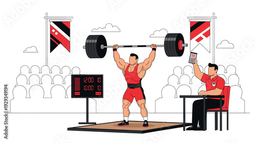 muscular weightlifter lifting heavy barbell in red outfit with referee and score display in minimalist championship setting