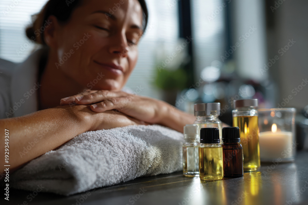 Fototapeta premium A serene setup of essential oils and candles invites relaxation, showcasing a peaceful ambiance ideal for a soothing spa or wellness experience for rejuvenation.