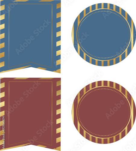 ネイビーとボルドーに輝くゴールド装飾フレーム＆円形エンブレムセット｜高級感あふれるストライプ背景の招待状・表彰状・ブランド演出向けベクター素材