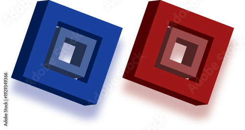 青と赤の立体入れ子スクエアフレーム2色セット｜遠近感と陰影で表現した奥行きのある3D幾何学オブジェクトベクターイラスト素材