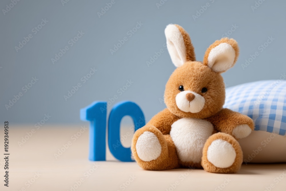 Fototapeta premium Adorable Plush Bunny with Blue Number Ten for Baby Milestone Celebration Setup