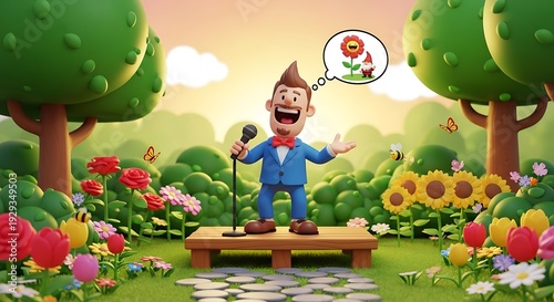 Animated performer delivering a cheerful monologue on an outdoor stage surrounded by vibrant spring flora
