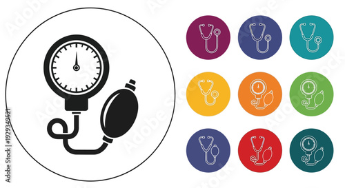Sphygmomanometer and stethoscope icons in colored circles.