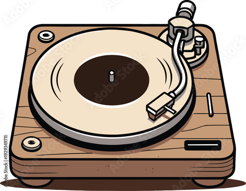 A brown wooden turntable player with a beige record on top  vinyl music player device