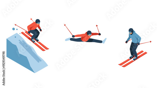 three skiers performing jumps and splits in colorful winter sports gear hand drawn isometric illustration