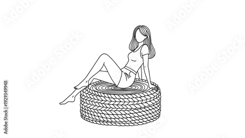 woman sitting on coiled rope hand drawn line art illustration