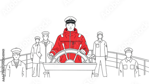 ship captain steering the wheel with crew members in hand drawn outline style maritime illustration