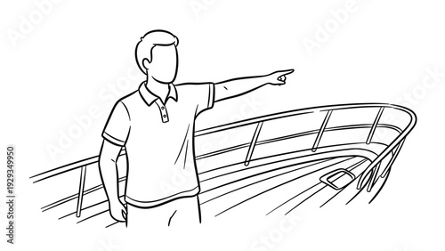 man standing on boat pointing hand drawn line art illustration