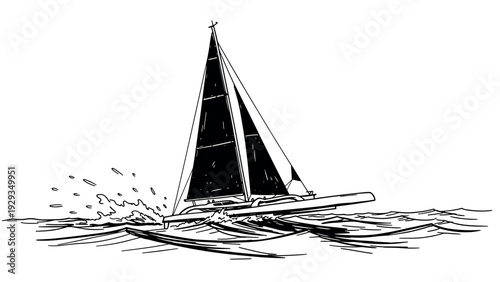 black and white hand drawn sailboat on waves sailing outdoors illustration