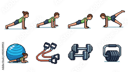 pixel art woman fitness exercises and gym equipment set hand drawn collection