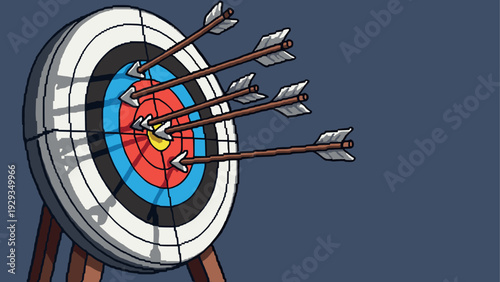 archery target with multiple arrows hitting the bullseye hand drawn illustration