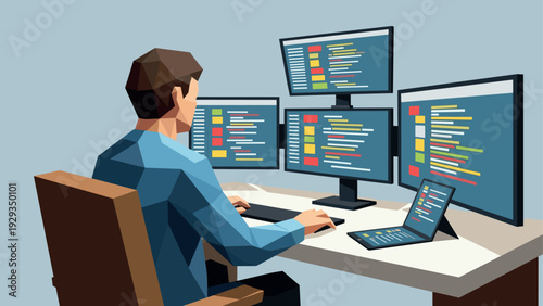 man working on multiple computer screens with programming code in polygonal style technology illustration