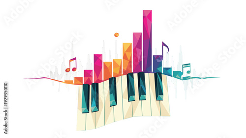 colorful piano keyboard with geometric music notes and equalizer bars abstract illustration