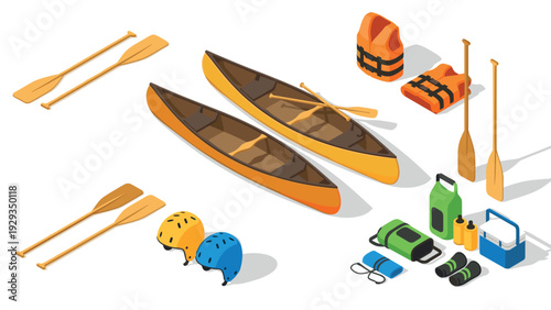 isometric canoe camping gear set with paddles helmets life jackets and outdoor equipment collection