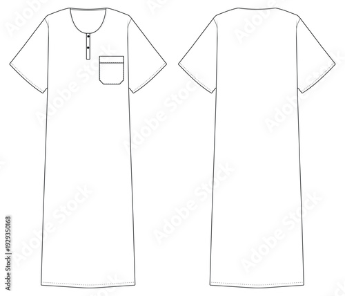 Men Islamic Thobe Jubba Long Dress Front and Back View Technical Drawing Vector
