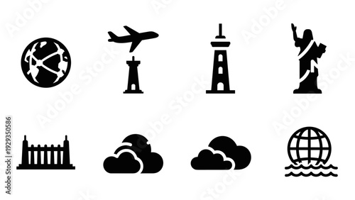 black silhouette set of travel and weather icons including globe lighthouse statue clouds and waves