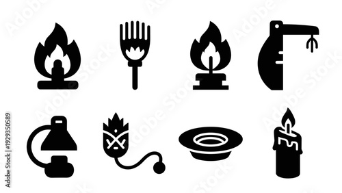 set of black and white fire and ritual related icons in silhouette style