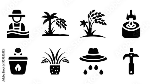 set of hand drawn rice farming and agriculture icons in black silhouette style
