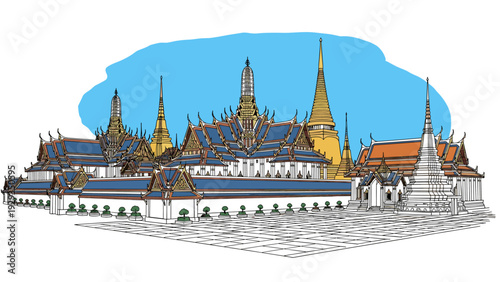 traditional thai temple complex with ornate roofs and golden pagodas hand drawn architectural illustration