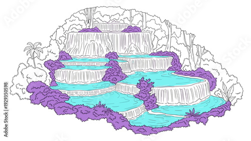 tiered waterfall with turquoise pools and purple bushes hand drawn natural landscape illustration