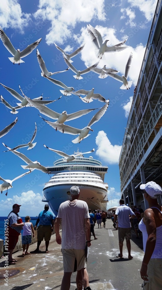 Fototapeta premium People on the pier watch the departing liner, surrounded by a flock of seagulls, creating a vivid backdrop for tourist brochures or cruise advertisements.