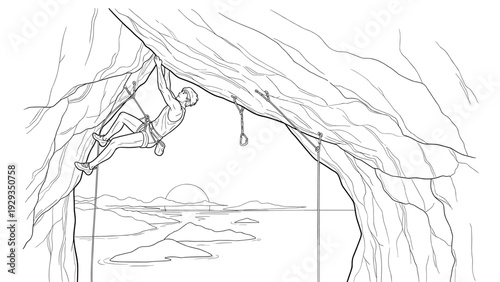 man rock climbing in a cave with ocean sunset background hand drawn line art outdoor sport adventure