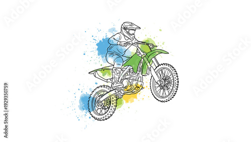 motocross rider jumping with dirt bike hand drawn illustration with colorful splash background