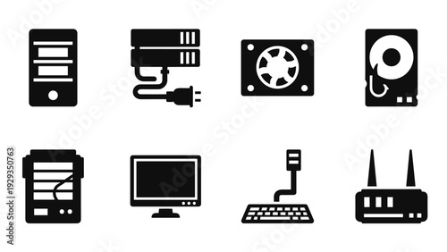 computer hardware and accessories icon set in black silhouette style for technology design
