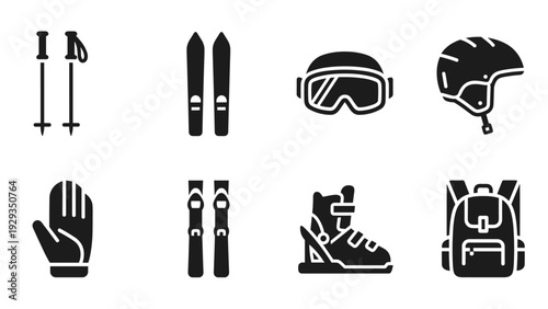 set of black silhouette ski equipment icons including poles skis goggles helmet glove boots and backpack