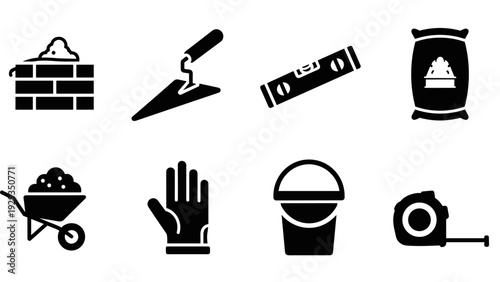 construction tools and materials icon pack in black silhouette style for building and masonry work
