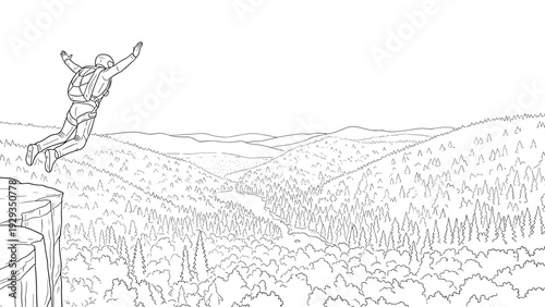 skydiver jumping off cliff above forest landscape hand drawn line art adventure illustration