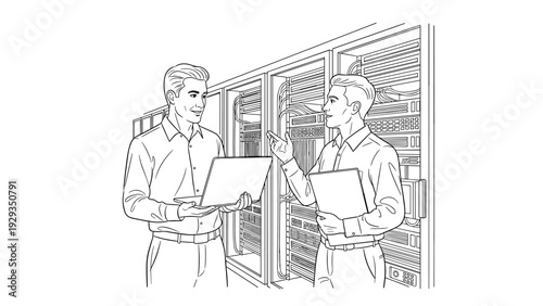 two it technicians working together in a server room hand drawn line art illustration